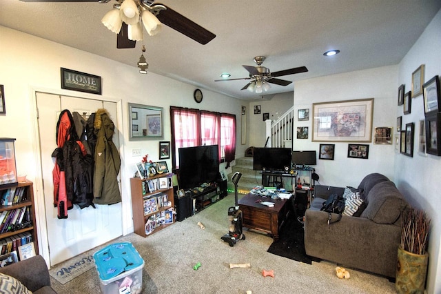 124 Allard Ave, Green Bay, WI 54303 - carpeted living area featuring ceiling fan, stairs, and recessed lighting