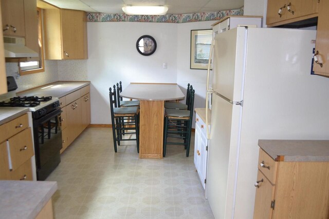 355 N Main St, Fond Du Lac, WI 54935 - kitchen with gas range oven, freestanding refrigerator, under cabinet range hood, light floors, and decorative backsplash