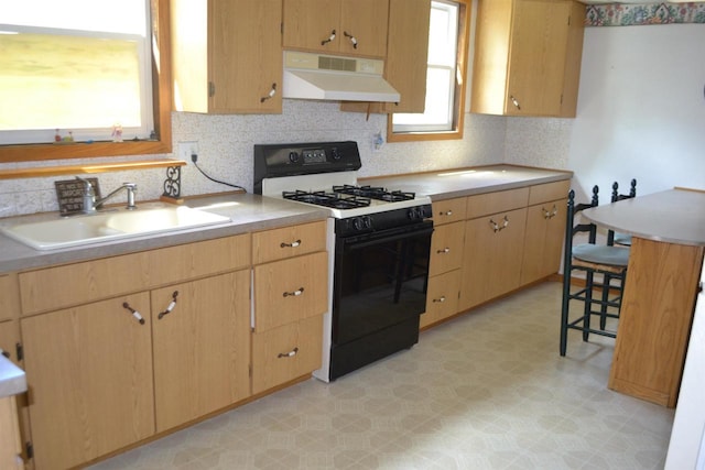355 N Main St, Fond Du Lac, WI 54935 - kitchen with gas range, under cabinet range hood, a sink, light flooring, and decorative backsplash