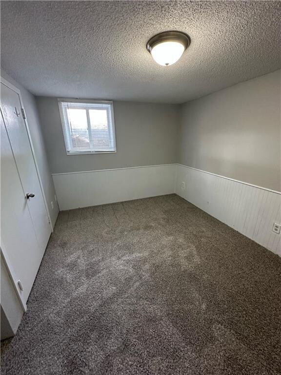 332 E Pleasant Ave, Ellsworth, WI 54011 - unfurnished bedroom featuring carpet flooring, a textured ceiling, and wainscoting