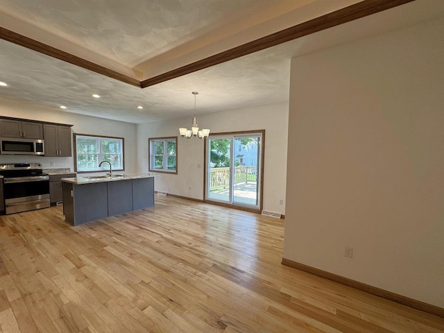 1511 16th Ave, Monroe, WI 53566 - kitchen featuring stainless steel appliances, a sink, a chandelier, light wood finished floors, and recessed lighting
