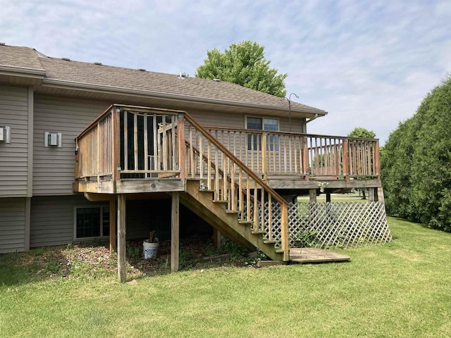 903 Rumley Run, Deforest, WI 53532 - rear view of house with a wooden deck, a lawn, stairway, and roof with shingles