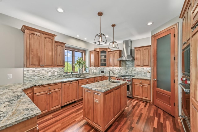 W226N3550 Wethersfield Rd, Pewaukee, WI 53072 - kitchen featuring wall chimney exhaust hood, appliances with stainless steel finishes, a warming drawer, light stone counters, and backsplash