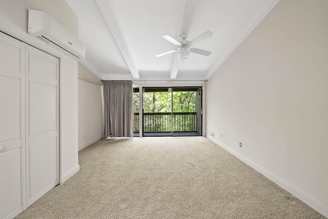 840 Woodland Ct Unit Ee-1, Fontana, WI 53125 - unfurnished bedroom featuring access to exterior, carpet flooring, a wall mounted AC, beamed ceiling, and baseboards