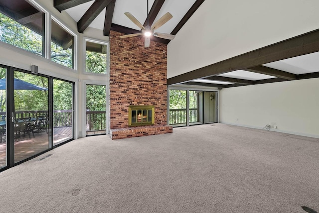 840 Woodland Ct Unit Ee-1, Fontana, WI 53125 - unfurnished living room featuring high vaulted ceiling, ceiling fan, beamed ceiling, carpet, and a fireplace