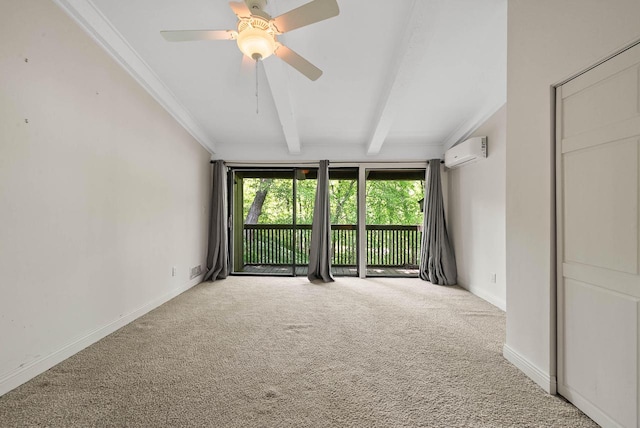 840 Woodland Ct Unit Ee-1, Fontana, WI 53125 - empty room with a wall mounted air conditioner, carpet floors, beamed ceiling, crown molding, and baseboards