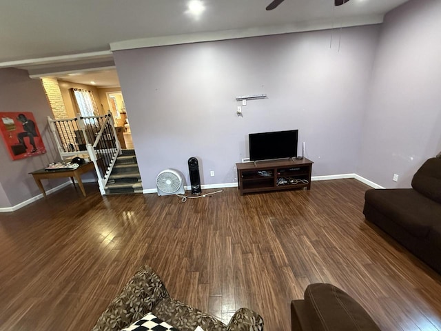 2143 Clark St, Mount Pleasant, WI 53403 - living room featuring wood finished floors, baseboards, a ceiling fan, and stairs