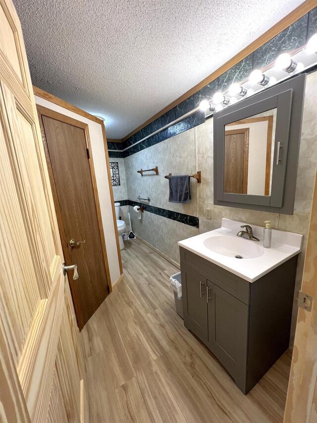 109 N Water St, Eastman, WI 54626 - bathroom featuring toilet, vanity, a textured ceiling, and wood finished floors