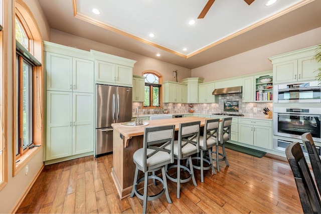 5420 W Peninsula Dr, Waterford, WI 53185 - kitchen featuring stainless steel appliances, green cabinetry, a tray ceiling, crown molding, and recessed lighting
