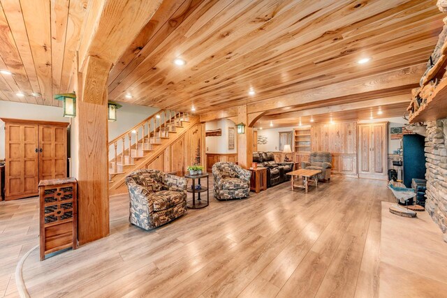 5420 W Peninsula Dr, Waterford, WI 53185 - living area with wood finished floors, stairs, wooden ceiling, and a fireplace