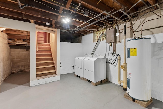 4438 County Road H Prt, Washington, WI 53074 - basement featuring water heater, washing machine and clothes dryer, stairway, and electric panel
