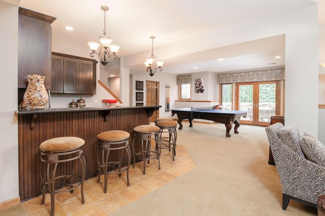 1252 Mary Hill Cir, Hartland, WI 53029 - bar with pool table, hanging light fixtures, a chandelier, recessed lighting, and light carpet