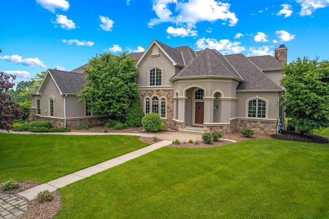 1252 Mary Hill Cir, Hartland, WI 53029 - french country style house featuring stucco siding, stone siding, a front yard, and a chimney