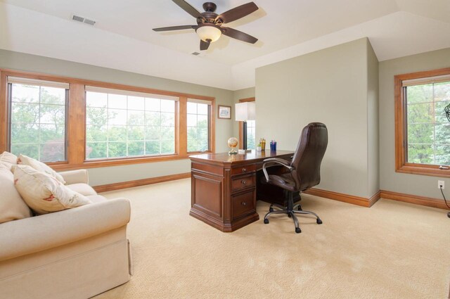 1252 Mary Hill Cir, Hartland, WI 53029 - office area featuring baseboards, light colored carpet, and ceiling fan