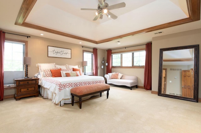 1252 Mary Hill Cir, Hartland, WI 53029 - bedroom featuring a raised ceiling, light carpet, recessed lighting, and ceiling fan