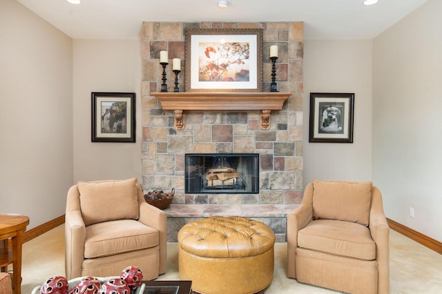 1252 Mary Hill Cir, Hartland, WI 53029 - living room featuring baseboards, carpet flooring, recessed lighting, and a stone fireplace