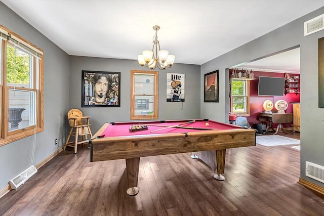 6705 Brian Dr, Waterford, WI 53185 - playroom featuring billiards, wood finished floors, a chandelier, and baseboards