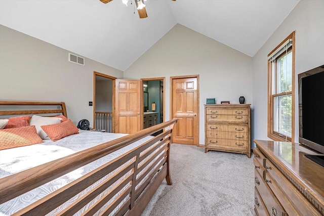 6705 Brian Dr, Waterford, WI 53185 - bedroom featuring light colored carpet, high vaulted ceiling, and a ceiling fan