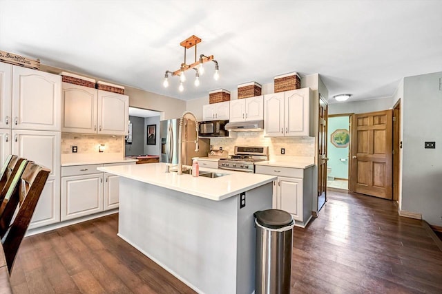 6705 Brian Dr, Waterford, WI 53185 - kitchen with appliances with stainless steel finishes, under cabinet range hood, tasteful backsplash, dark wood finished floors, and light countertops