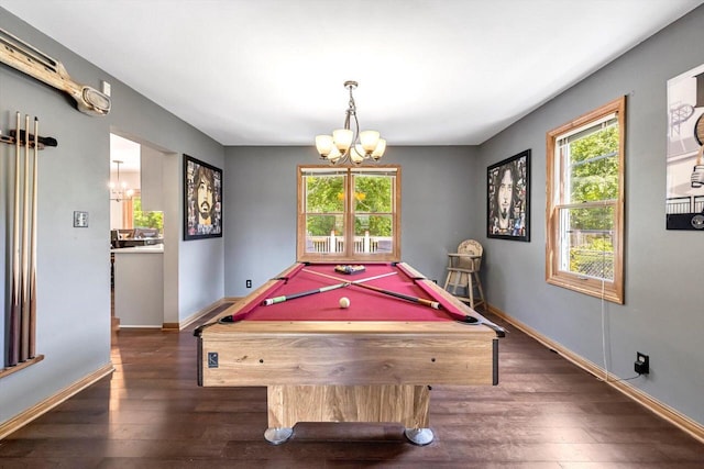 6705 Brian Dr, Waterford, WI 53185 - game room featuring a chandelier, dark wood finished floors, billiards table, and baseboards