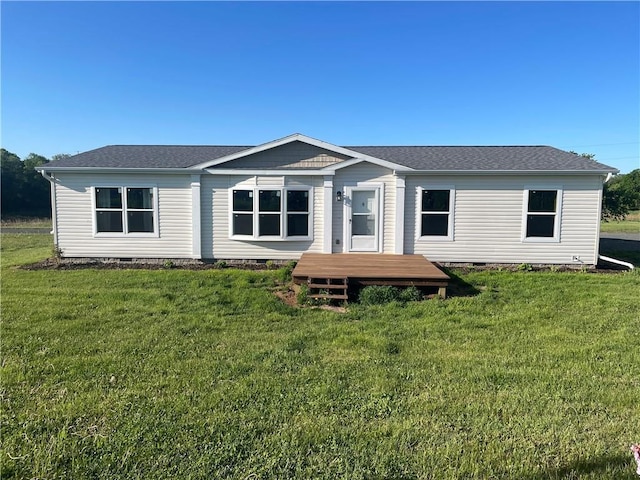 163 230th St, Osceola, WI 54020 - rear view of house featuring crawl space, a yard, roof with shingles, and a deck