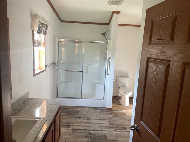 163 230th St, Osceola, WI 54020 - bathroom featuring toilet, a stall shower, ornamental molding, wood finished floors, and vanity