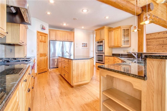 11053 Robin Ln, Hayward, WI 54843 - kitchen with appliances with stainless steel finishes, light brown cabinets, custom range hood, a sink, and recessed lighting