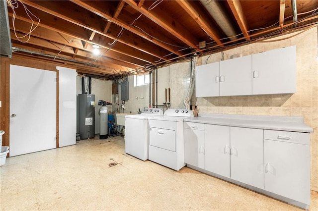 5603 170th St, Chippewa Falls, WI 54729 - below grade area with washing machine and clothes dryer, electric water heater, electric panel, light flooring, and a water softener system