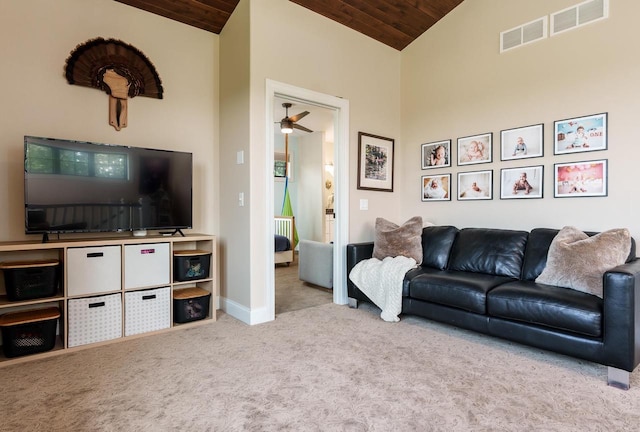 1102 Eldon Way, Edgerton, WI 53534 - living room with wooden ceiling, carpet flooring, lofted ceiling, and ceiling fan