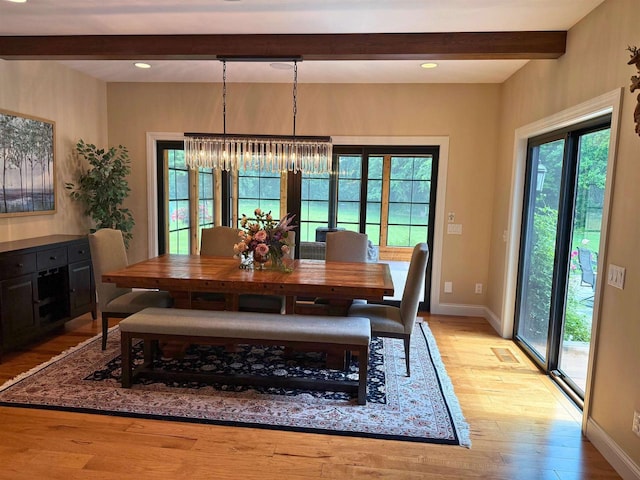 1102 Eldon Way, Edgerton, WI 53534 - dining space featuring beam ceiling, a chandelier, healthy amount of natural light, light wood-style floors, and recessed lighting