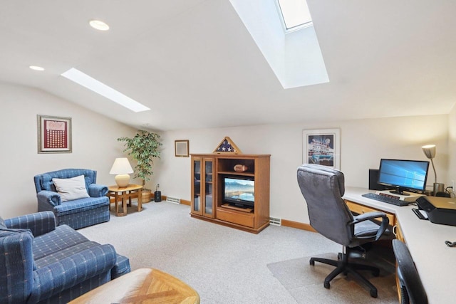3944 Caribou Rd, Verona, WI 53593 - office featuring a skylight, vaulted ceiling, carpet flooring, and recessed lighting