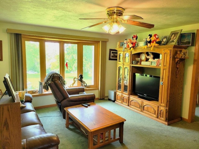 3213 W County M Rd, Edgerton, WI 53534 - living area featuring ceiling fan, carpet flooring, plenty of natural light, a textured ceiling, and baseboards