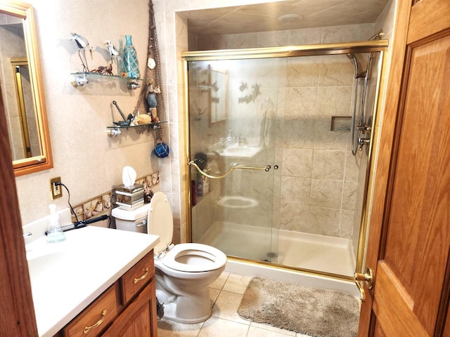 3213 W County M Rd, Edgerton, WI 53534 - full bathroom with toilet, vanity, a stall shower, and tile patterned floors