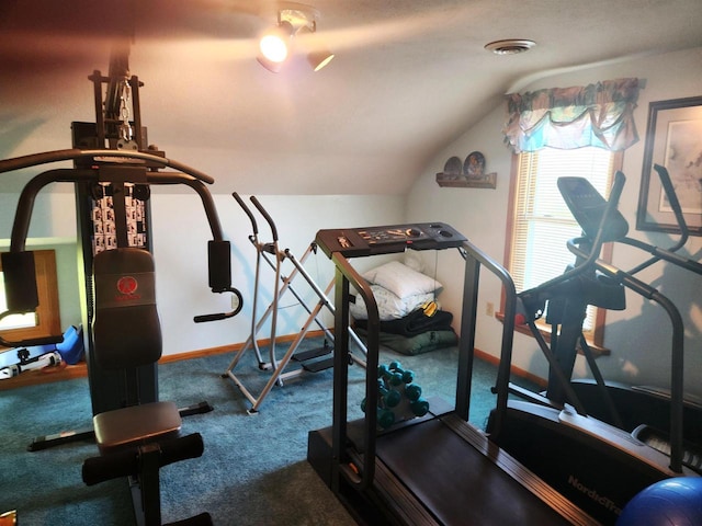 3213 W County M Rd, Edgerton, WI 53534 - exercise area featuring lofted ceiling, carpet floors, and baseboards