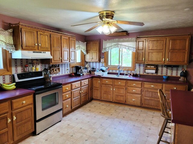 3213 W County M Rd, Edgerton, WI 53534 - kitchen with stainless steel range with electric cooktop, under cabinet range hood, brown cabinets, and a sink