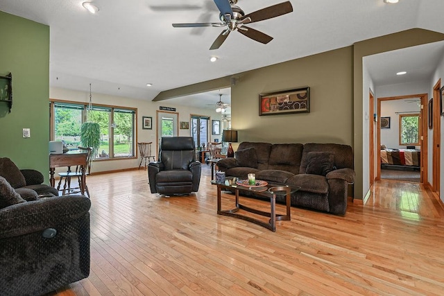7129 S County Road Jj, Bancroft, WI 54921 - living area with a desk, light wood-type flooring, a ceiling fan, recessed lighting, and baseboards