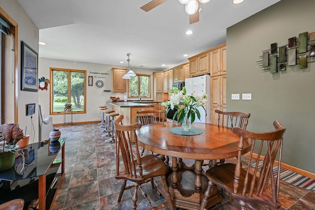 7129 S County Road Jj, Bancroft, WI 54921 - dining area with baseboards, healthy amount of natural light, dark stone finish flooring, recessed lighting, and a ceiling fan