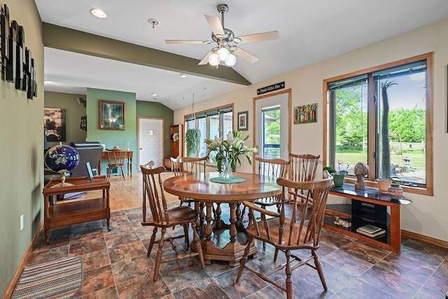 7129 S County Road Jj, Bancroft, WI 54921 - dining area featuring baseboards, stone tile flooring, a ceiling fan, lofted ceiling, and recessed lighting