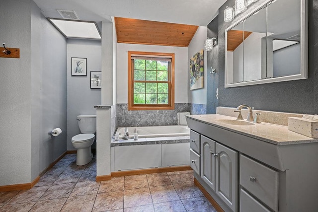 7129 S County Road Jj, Bancroft, WI 54921 - full bathroom with a bath, vanity, toilet, a textured wall, and vaulted ceiling