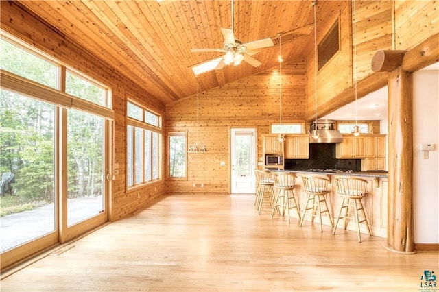 11053 N Robin Ln, Hayward, WI 54843 - kitchen featuring stainless steel microwave, wooden ceiling, a breakfast bar area, a skylight, and wood walls