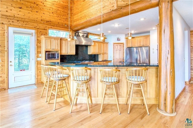 11053 N Robin Ln, Hayward, WI 54843 - kitchen featuring stainless steel appliances, decorative backsplash, light brown cabinets, light wood finished floors, and wall chimney range hood