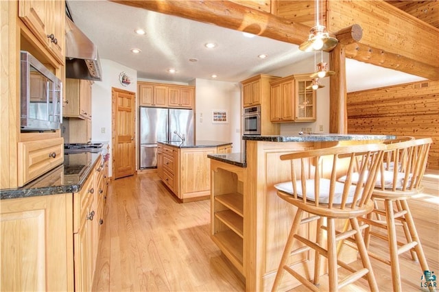11053 N Robin Ln, Hayward, WI 54843 - kitchen featuring appliances with stainless steel finishes, exhaust hood, a kitchen island, a peninsula, and light wood finished floors