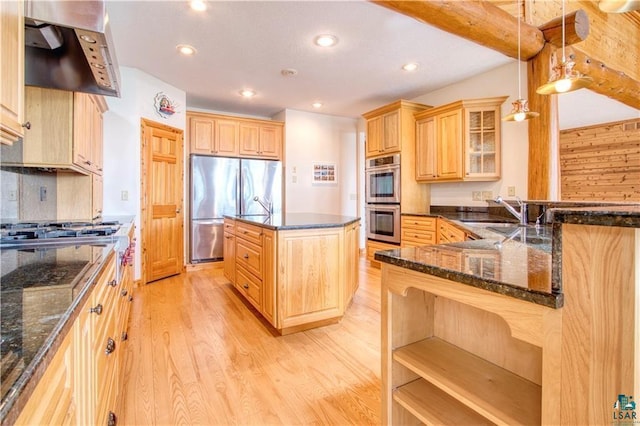 11053 N Robin Ln, Hayward, WI 54843 - kitchen featuring stainless steel appliances, a sink, light brown cabinets, custom range hood, and recessed lighting