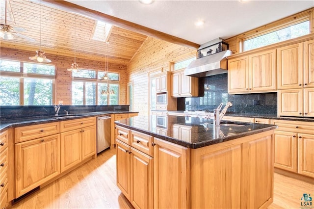 11053 N Robin Ln, Hayward, WI 54843 - kitchen featuring dishwasher, lofted ceiling, wall chimney exhaust hood, light wood-style floors, and a kitchen island