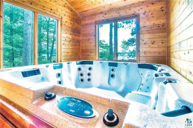 11053 N Robin Ln, Hayward, WI 54843 - bathroom featuring wood walls, vaulted ceiling, and wooden ceiling