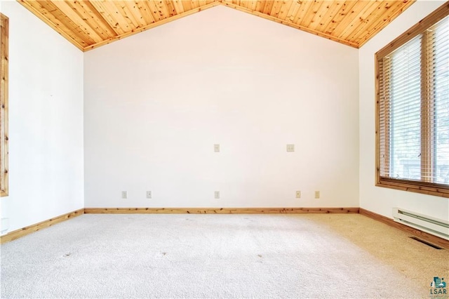 11053 N Robin Ln, Hayward, WI 54843 - unfurnished room featuring carpet floors, plenty of natural light, vaulted ceiling, wood ceiling, and baseboard heating
