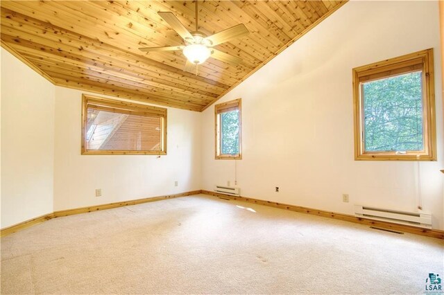 11053 N Robin Ln, Hayward, WI 54843 - carpeted empty room featuring baseboard heating, wooden ceiling, lofted ceiling, ceiling fan, and baseboards