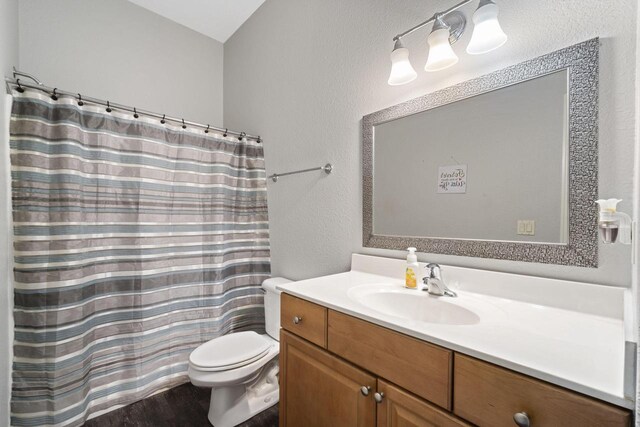 1820 Stoney Ln, Slinger, WI 53086 - bathroom with vanity, toilet, wood finished floors, a textured wall, and a shower with curtain