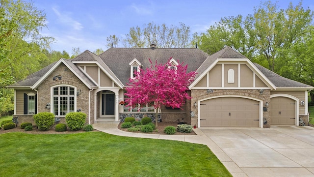 4205 Quarry Springs Dr, Racine, WI 53405 - english style home featuring an attached garage, a front yard, driveway, and stone siding