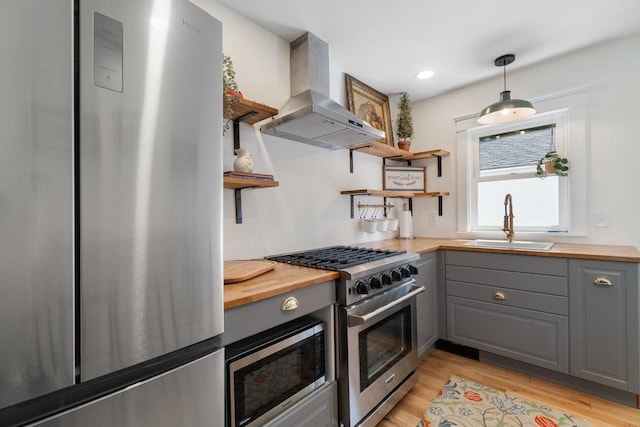 20454 70th Ave, Chippewa Falls, WI 54729 - kitchen with stainless steel appliances, gray cabinetry, open shelves, island exhaust hood, and wooden counters